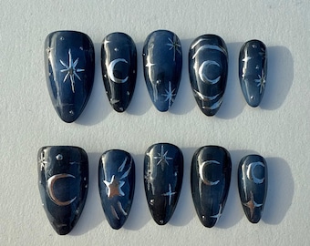Celestial Night Press-On Nails, Nachthimmel mit Mond und Sterne, Nachthimmel mit Mond und Sterne, Nachthimmel mit Mond und Sterne, Nachthimmel mit Sternen, künstliche Nägel