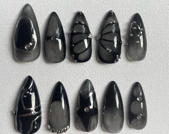 Black butterfly Press-On Nails, metallic chrome Design, gothic black Nail Design, Fake Nails, Jelly Black Nails, Cute Nails, Black Nails