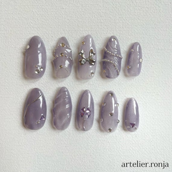 Lavender Elegance Press-On Nails, 3D Nail Design, Cat-Eye design, Bow Design, silver Press-On Nails, Colorful Fake Nails, Summer Nails
