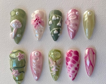 Enchanted Forest PressOnNails, 3D Nails, Blossom Nails, Summer Press-On Nails, Colorful Fake Nails, Spring Nails, Holiday Nails, Fairy Nails