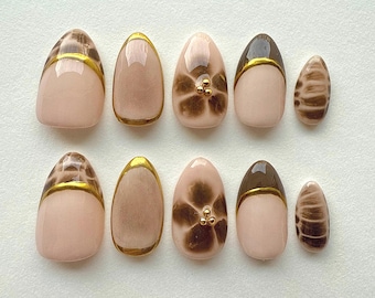 Mocha Bloom-Press-On-Nails, Blooming Gel Nails, golden chrome and brown flower design