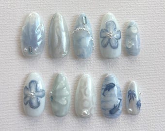 Ocean Whispers PressOnNails, 3D Nails, Blossom Nails, Summer Press-On Nails, Colorful Fake Nails, Ocean Nails, Holiday Nails, Cat-eye effect