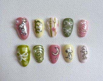 Uñas postizas reutilizables con diseño de Snoopy, diseños 3D, lazos, estampado vichy.