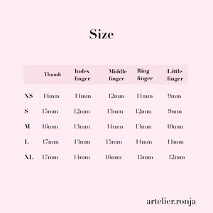 May include: A size chart for nail sizes, with measurements in millimeters for thumb, index, middle, ring, and little fingers. Sizes range from XS to XL, with thumb measurements from 14mm to 17mm. The website artelier.ronja is displayed at the bottom.