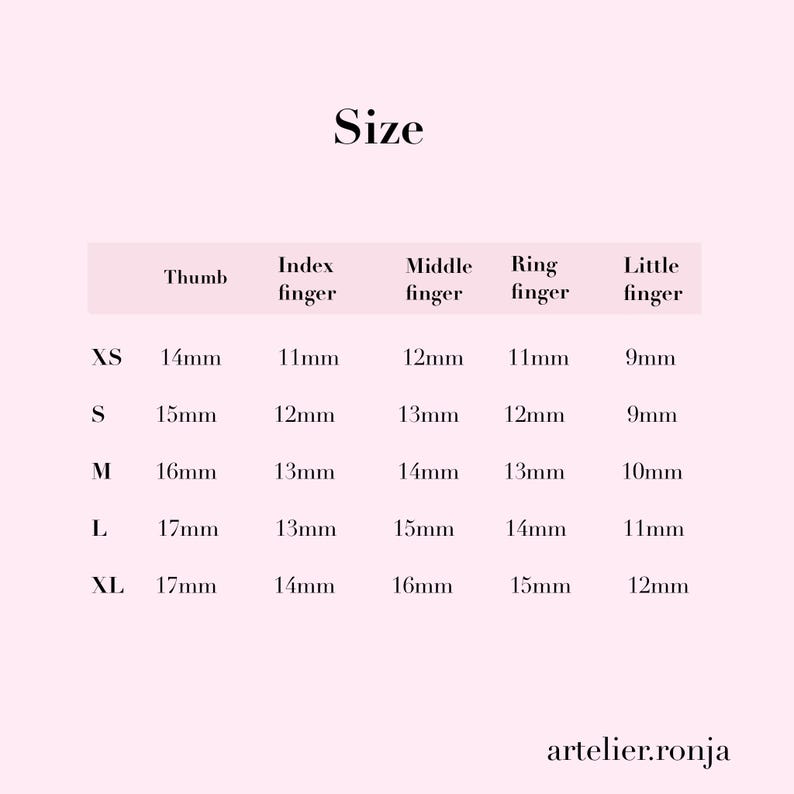 May include: A size chart for nail sizes, with measurements in millimeters for thumb, index, middle, ring, and little fingers. Sizes range from XS to XL, with thumb measurements from 14mm to 17mm. The website artelier.ronja is displayed at the bottom.