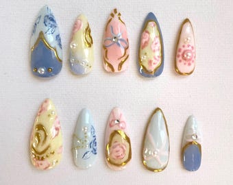 Porcelain Garden PressOnNails, 3D Nails, Blossom Nails, Summer Press-On Nails, Colorful Fake Nails, Wedding Nails, Holiday Nails, Cute Nails