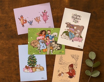 Cartes postales véganes illustrées | Choix du visuel ou lot de 5 | Papier recyclé