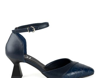 Elegant women's dark blue heel-toe shoes Veronika made of genuine leather and printed leathe