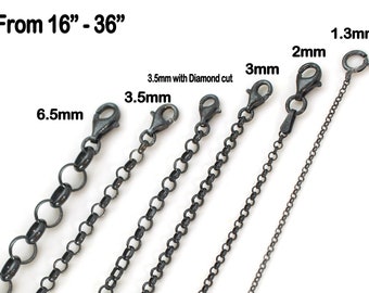 Oxidized Sterling Silver Necklace Chain, Black Rolo Necklace for Pendant (16, 18, 20 22, 24 ,26,28, 30,36 inches)