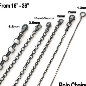 Oxidized Sterling Silver Necklace Chain, Black Rolo Necklace for Pendant (16, 18, 20 22, 24 ,26,28, 30,36 inches)