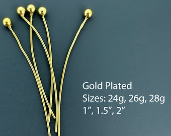 Gold Plated Sterling Silver Ball End Headpins, Jewelry Making Pins, Jewelry Supply, Bulk Pins, Wholesale Headpins 24g, 26g, 28g-SKU:204403VM