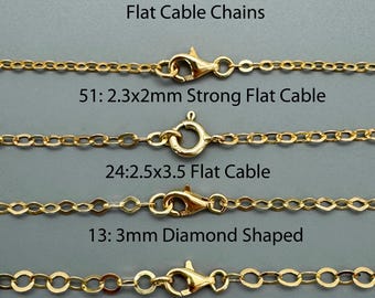 22K Gold Over 925 Sterling Silver Flat Cable Chain Necklace-Finished Chains-Cable Chains-16" to 36"-Layering Necklace-Everyday Jewelry Chain