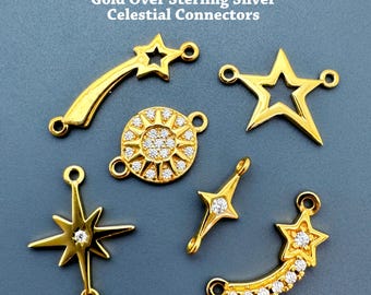 Gold Over Sterling Silver Sun and Star Charms-Celestial Charms-Bulk Jewelry Supply-Jewelry Connectors-CZ Charms