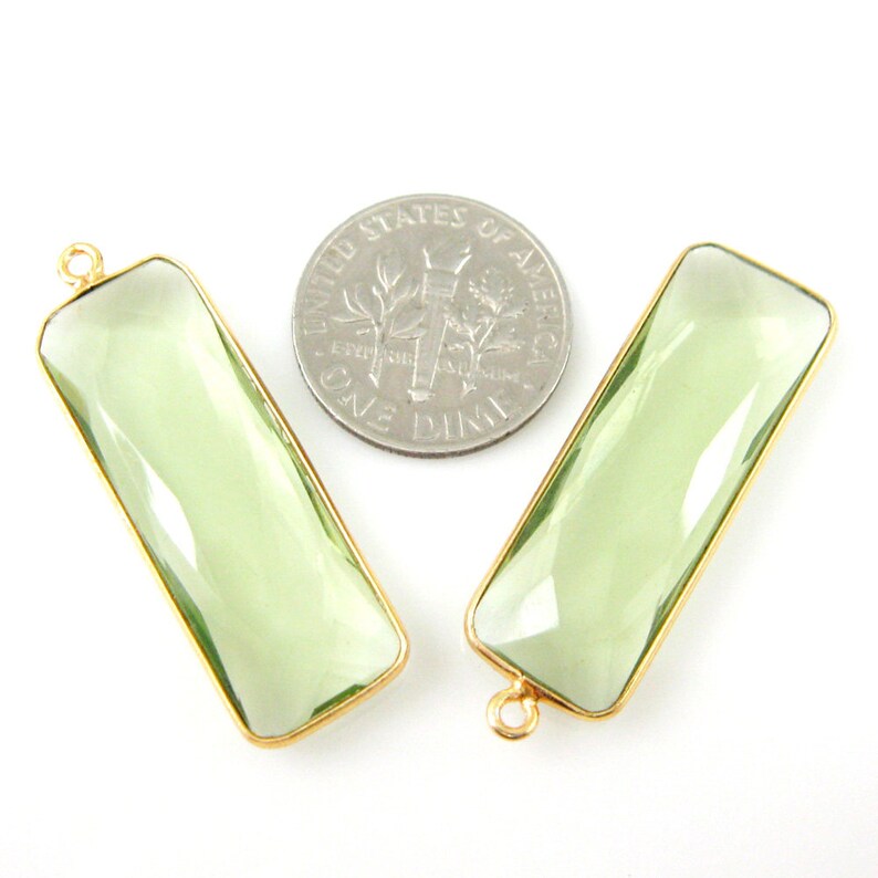 Sku Gemstone-Green Amethyst Quartz Birthstone-Faceted Elongated Rectangle Charm-Gold Vermeil-Long Bar Gem Pendant-34mm 1 pc 201104-GAQ