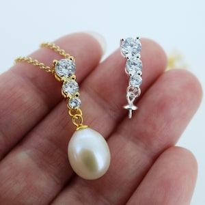 Sterling Silver or Gold over Sterling Silver Peg Bail Cap with CZ Stones for Half Drilled Pearls and Beads-1 piece-SKU: 219215