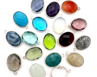Bezel Gemstone Pendant-Faceted Oval Charm-Sterling Silver Frame-Jewelry Charms and Pendants-Oval Shape Gem Pendant-21mm (1pc) SKU: 201112