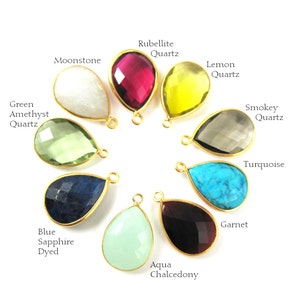 9 different bezel teardrop pendants are displayed in a circle with their name next to them.