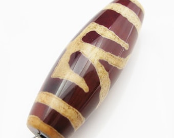 Carnelian dZi bead - Oblong Shape with Monseigneur Totem -  38x14mm -Tibetan Stone Beads - Sku: 302002