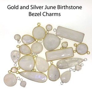 Moonstone Charms-June Birthstone Bezel Connectors and Pendants for Necklace,Earrings-Sterling Silver-Gold over Silver
