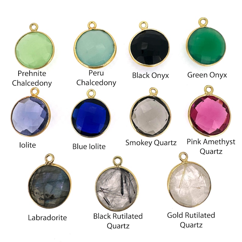 Bezel Gemstone Pendant-Faceted Round Charm-Gold Plated Sterling Silver Charms-Necklace Birthstone Charms-14mm (1pc) SKU: 201102 image 5
