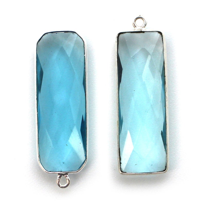 Long Bar Gem Pendant Sterling Silver Frame Blue Topaz Gemstone Pendant SKU: 201114-BTO Faceted Elongated Rectangle 34mm 1pc