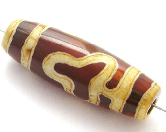 Carnelian dZi bead - Oblong Shape Bodhi Totem - 30x10mm - Tibetan Stone Beads - Sku: 302055