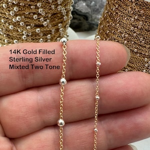 14K Gold Filled & Sterling Silver Two Tone Satellite Chain-Bulk Unfinished Chain By The Foot-Permanent Jewelry-Mixed Metal Chain-Bead Chains