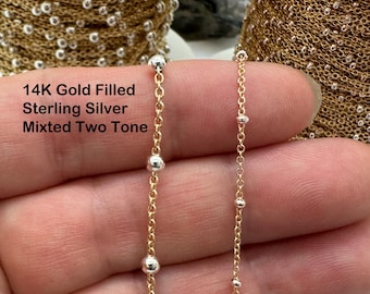 14 kt gold filled en sterlingzilver tweekleurige satellietketting: onvoltooide onafgewerkte ketting: permanente sieraden, gemengde metalen ketting en kralenkettingen