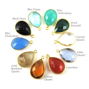 different bezel teardrop pendants are displayed in a circle with their name next to them.10
