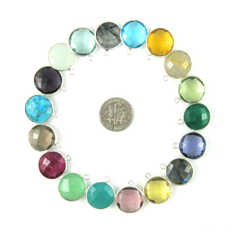 Bezel Gemstone Pendant-Aqua Chalcedony 1pc SKU 201111-AQC Faceted Round Charm-Sterling Silver Frame-Coin Shape Gem Pendant-19mm