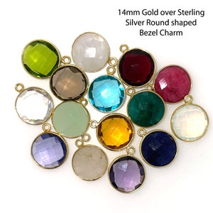 Bezel Gemstone Pendant-Faceted Round Charm-Gold Plated Sterling Silver Charms-Necklace Birthstone Charms-14mm (1pc) SKU: 201102