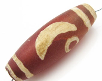 Carnelian dZi bead - Oblong Shape with Sun and Moon Totem - 37x14mm - Tibetan Stone Beads - Sku: 302003