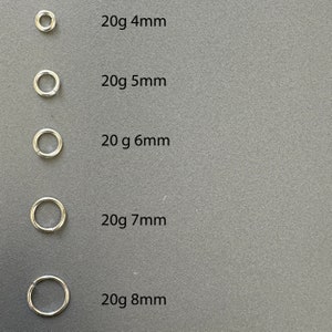 May include: Five silver hoop earrings of different sizes, labeled 20g 4mm, 20g 5mm, 20g 6mm, 20g 7mm, and 20g 8mm.