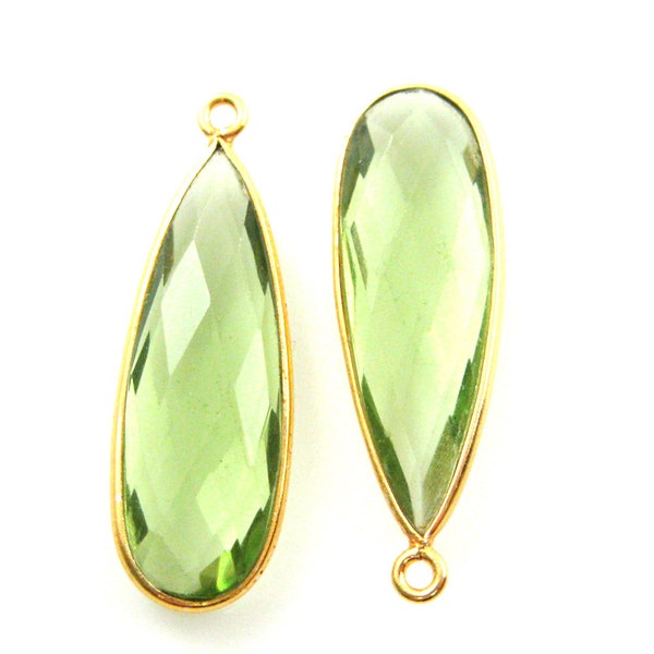 Bezel Gemstone Green Amethyst Quartz-Elongated Teardrop Charm-Gold Vermeil Frame- Bezel Charms-Long Pendant- 34mm- Sku: 201105-GAQ (1 pc)