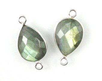 Bezel Gemstone Connector-Labradorite -Sterling Silver Framed Faceted Gem Links-Pear Gem Connector-21mm-Gemstones (1pc) SKU: 209112-LAB