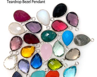 Sterling Silver Gemstone Bezel Pendants-Small Teardrop Charms-Jewelry Charms and Pendants-Birthstone Charm-Bulk Jewelry Supplies-14mm (1pc)