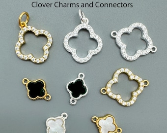Clover Shaped Charms and Connectors-Pearl Connector-Sterling Silver Or Gold Over Silver-Bulk Supplies-Textured Bezel-Malachite-CZ Stones