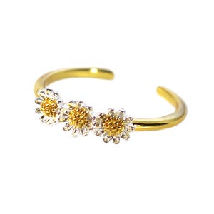Anello Girasole Regolabile, Anello Girasole Triplo Bicolore Oro su Argento Sterling, Grazioso Anello Fiore, Delicato Anello Floreale, SKU: 701018