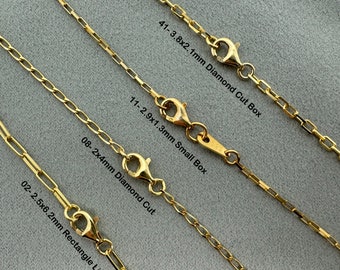 22K Gold Plated Sterling Silver Finished Chain Necklaces, Gold Plated Box Chain Necklace, Ready To Wear, Choose Your Length, 16-36 Inches