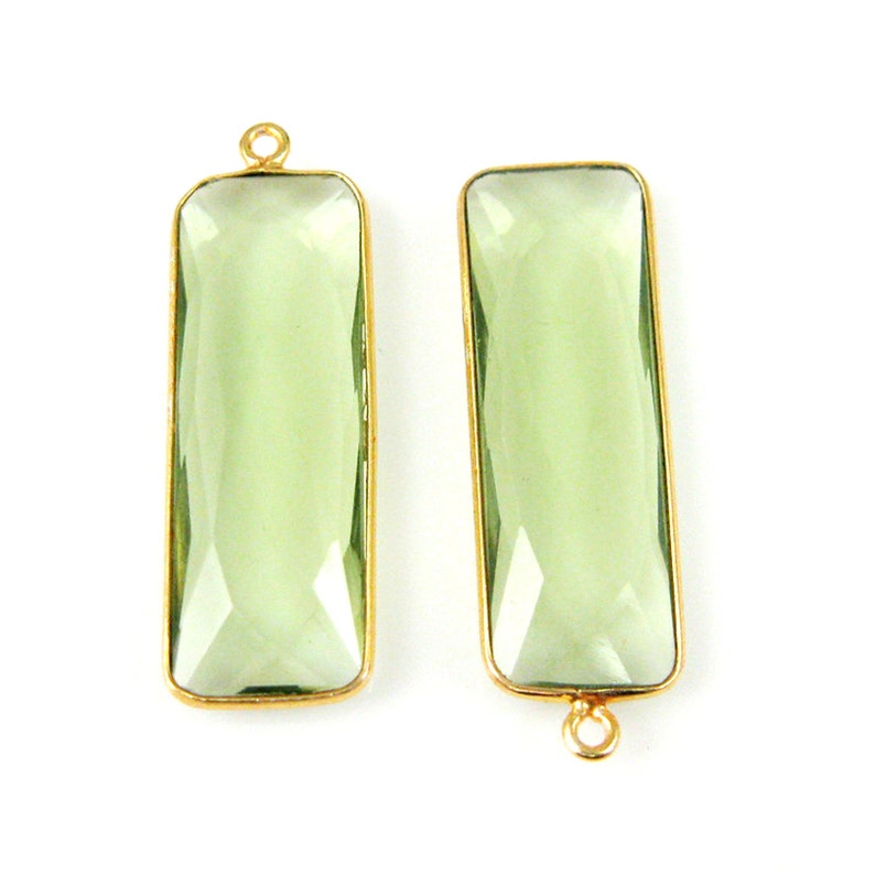Sku Gemstone-Green Amethyst Quartz Birthstone-Faceted Elongated Rectangle Charm-Gold Vermeil-Long Bar Gem Pendant-34mm 1 pc 201104-GAQ