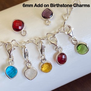 Dijes de piedra natal en plata de ley, dije adicional con cierre de langosta, dijes para pulsera, forma redonda o de corazón de 6 mm - Regalo personalizado
