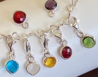 Sterling Silver Birthstone Charms-Add on Charm with Lobster Clasp-Bracelet Charm-Round or Heart Shape-6mm Birthstone Charm-Personalized Gift