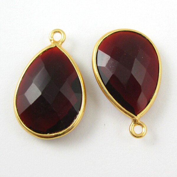 Bezel Gemstone Pendant- Garnet Quartz-Faceted Teardrop Charm-Gold Plated Vermeil Frame-Jewelry Charms and Pendants-22mm(1pc) Sku: 201101-GAR