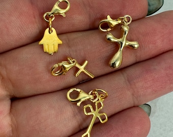 Gold Plated 925 Sterling Silver Spiritual Charms, Cross Charms, Hamsa Hand, Add on Charm With Clasp, Wholesale Jewelry Supplies, Bulk Charms