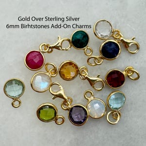 Gold Over 925 Sterling Silver Round Bezel Gemstone Charms-Add On Charms-Charms With Clasp-Birthstone Charms For Jewelry Making