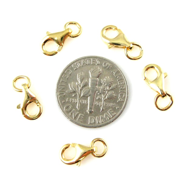 Gold Clasp, Gold plated Sterling Silver Clasp Findings. 9mm Lobster Clasp Claw Wholesale- Vermeil Findings (5 pieces) Sku: 202001-VM090