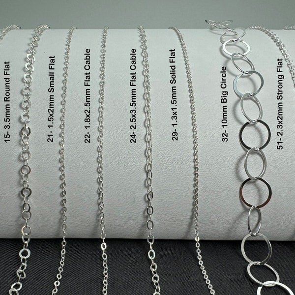 Sterling Silver Chain By The Foot. Flat Cable Chain for Permanent Jewelry Wholesale. Unfinished Delicate and Chunky Chains