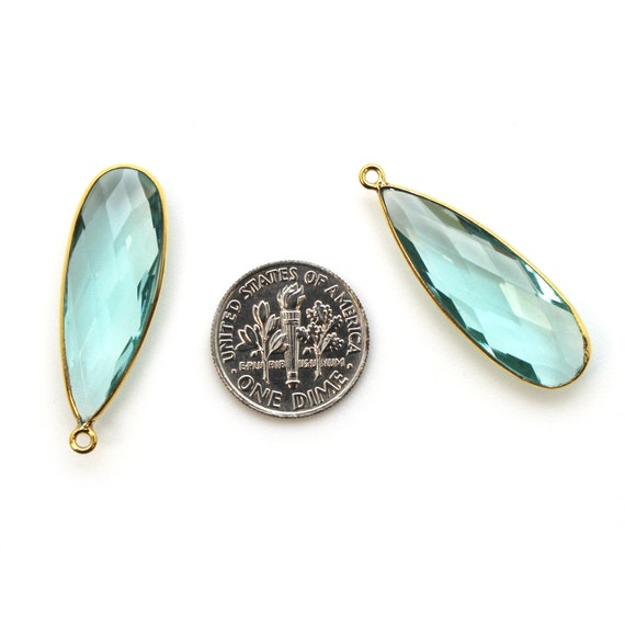 40mm Aqua Quartz Bezel Gemstone with Bail Gold Vermeil Elongated Teardrop