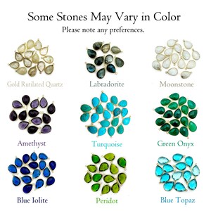 May include: Assortment of gemstone teardrop pendants in various colors, including gold rutilated quartz, labradorite, moonstone, amethyst, turquoise, green onyx, blue iolite, peridot, and blue topaz. Some stones may vary in color. Please note any preferences.