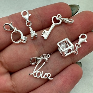 May include: Five silver charm pendants with a silver lobster clasp. The charms include a ring with a clear stone, a key with a heart, a small Eiffel Tower, a cube with a clear stone, and a charm that says "love".